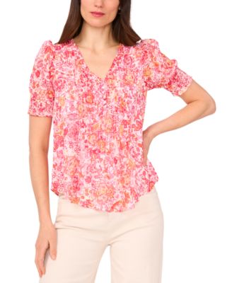 Sam & Jess - Petite Printed Puff-Sleeve Pintuck Blouse