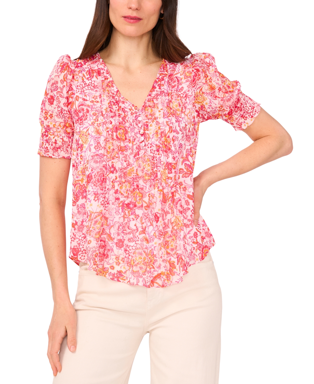Petite Printed Puff-Sleeve Pintuck Blouse - Very Berry