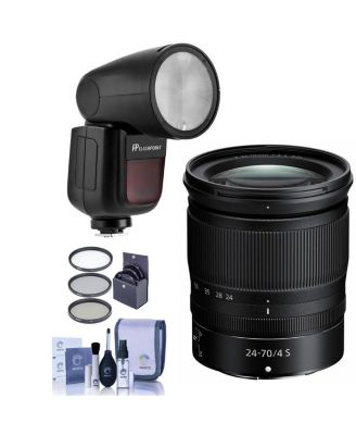 NIKKOR Z 24-70mm f/4 S Lens, Bundle with Flashpoint Zoom Li-on X R2 TTL On-Camera Round Flash Speedlight, 72mm Filter Kit, Cleaning Kit
