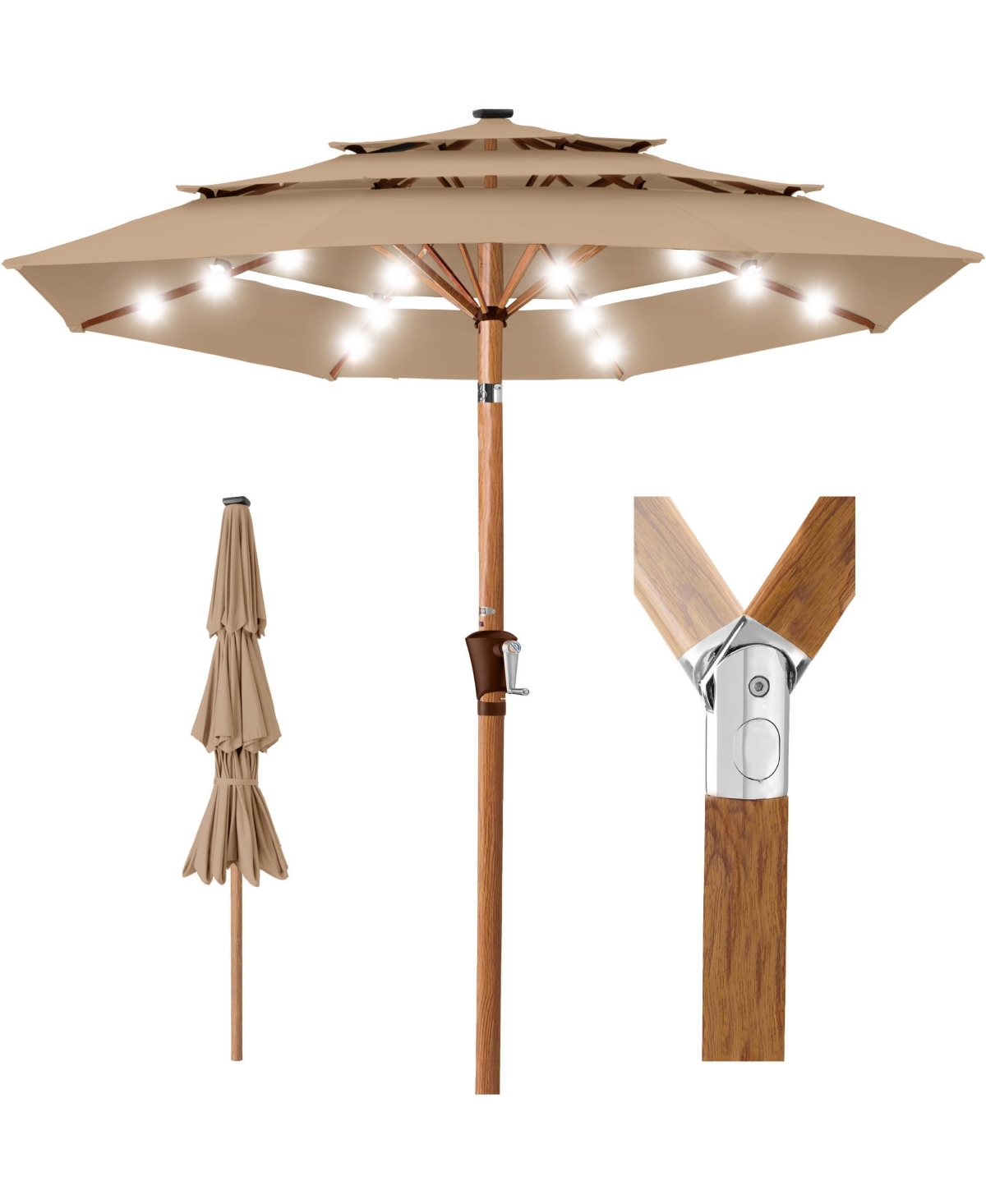 Woodgrain Pattern 10ft 3-Tier Solar Patio Umbrella w/ 24 Led Lights, Tilt - Tan
