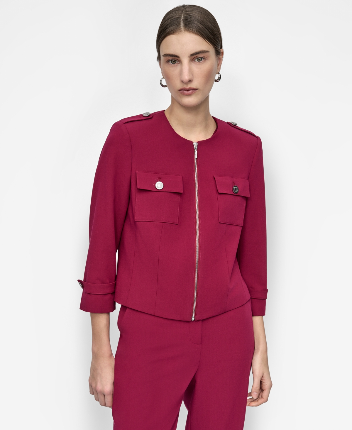 Women's Zip-Front Collarless Cropped Jacket - Beet