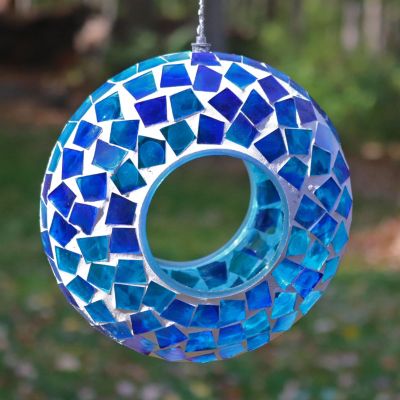 Outdoor Garden Patio Round Glass with Mosaic Design Hanging Fly-Through Bird Feeder - 6"