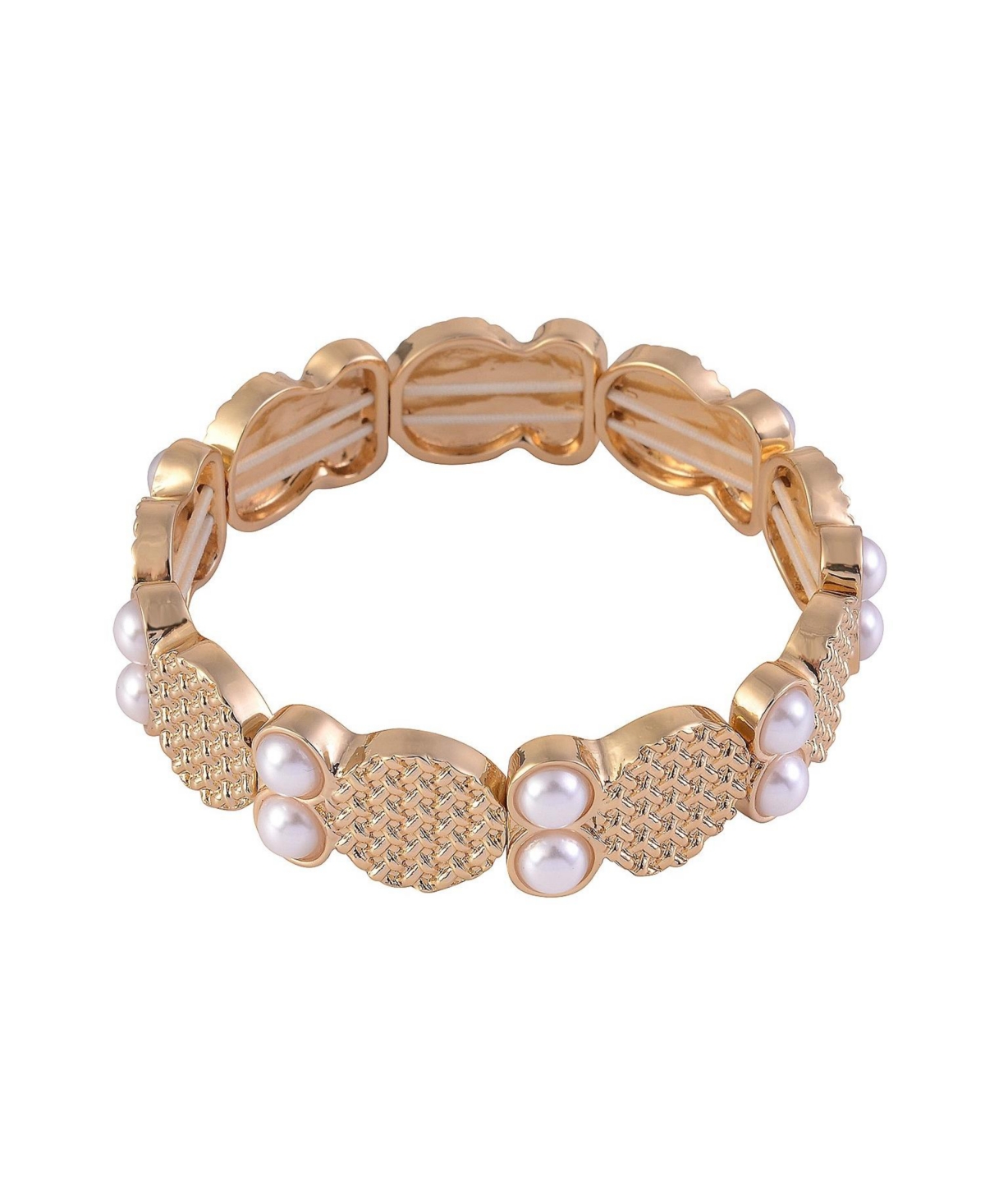 Textured Gold Tone Stretch Bracelet with Pearl Accents - Gold