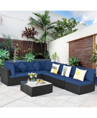 7PCS Rattan Patio Conversation Set Sectional Furniture Set w/ Navy Cushion