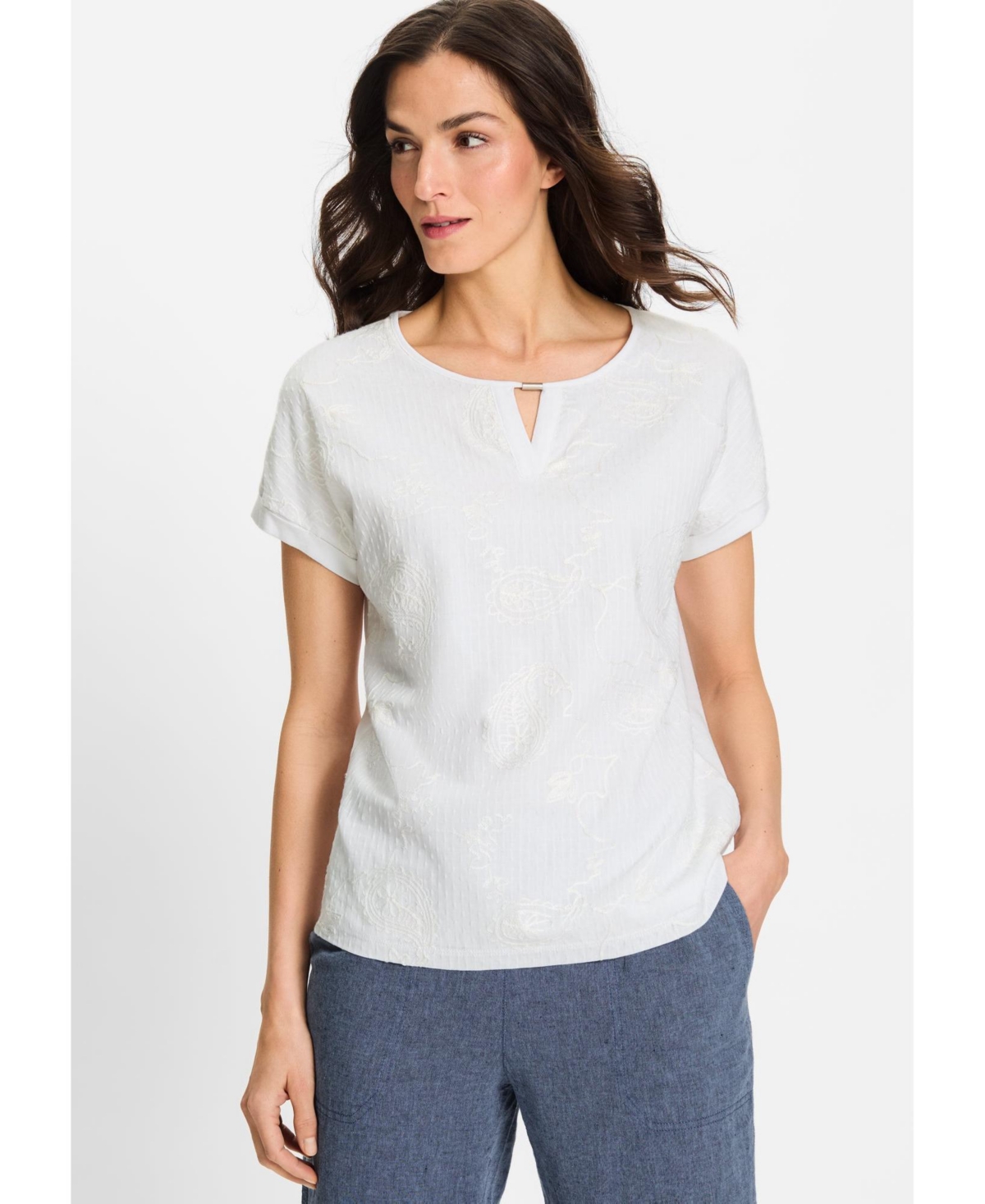 Women's Embroidered Mixed Media T-Shirt - White