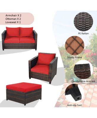 5PCS Outdoor Patio Rattan Conversation Sofa Furniture Set w/ Red Cushions