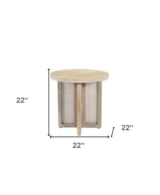 22-Inch Round End Table Natural Solid Wood Top with Rattan Base for Farmhouse Decor