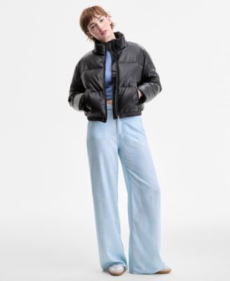 CoffeeShop - Juniors' Cropped Faux-Leather Puffer Coat