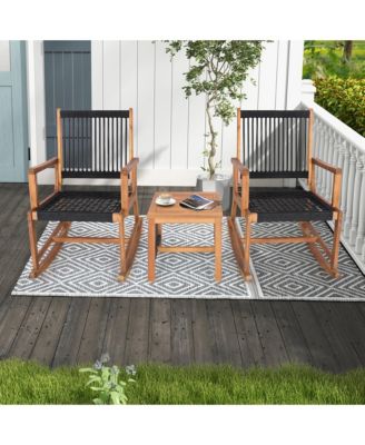 3pcs Patio Acacia Wood Bistro Table Rocking Chair Set All-Weather Rope Outdoor