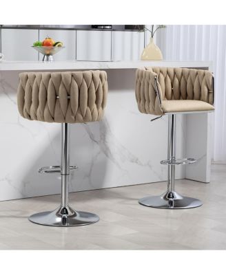 Set of 2 Adjustable Swivel Bar Stools with Woven Fabric Back, Footrest, Modern Counter Height Chairs for Kitchen or Bar-The Pop Home