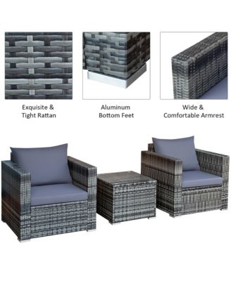 3 PCS Patio Rattan Furniture Bistro Set Cushioned Sofa Chair Glass Table Garden