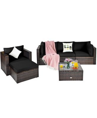 6PCS Patio Conversation Set Rattan Sectional Furniture Set w/ Black Cushions