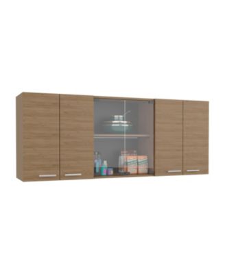 Oceana 150 Wall Cabinet with Four Doors, Two Internal Shelves, Internal Plate and Glass Organizer, Two Storage Shelves with Two Glass Doors, Natural Oak
