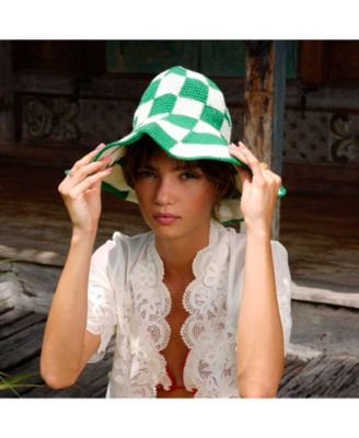 Shilo Checkered Crochet Hat In Green & White