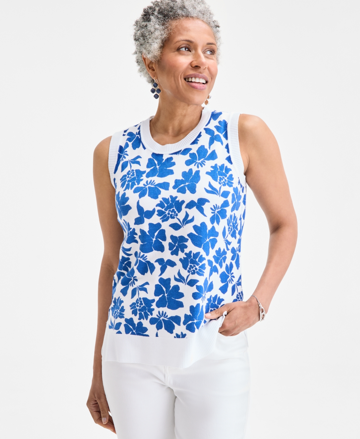 Women's Printed Sleeveless Crewneck Sweater, Exclusively at Macy's - Floral Spark Blue
