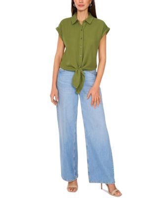 Women's Cotton Short-Sleeve Tie-Front Blouse