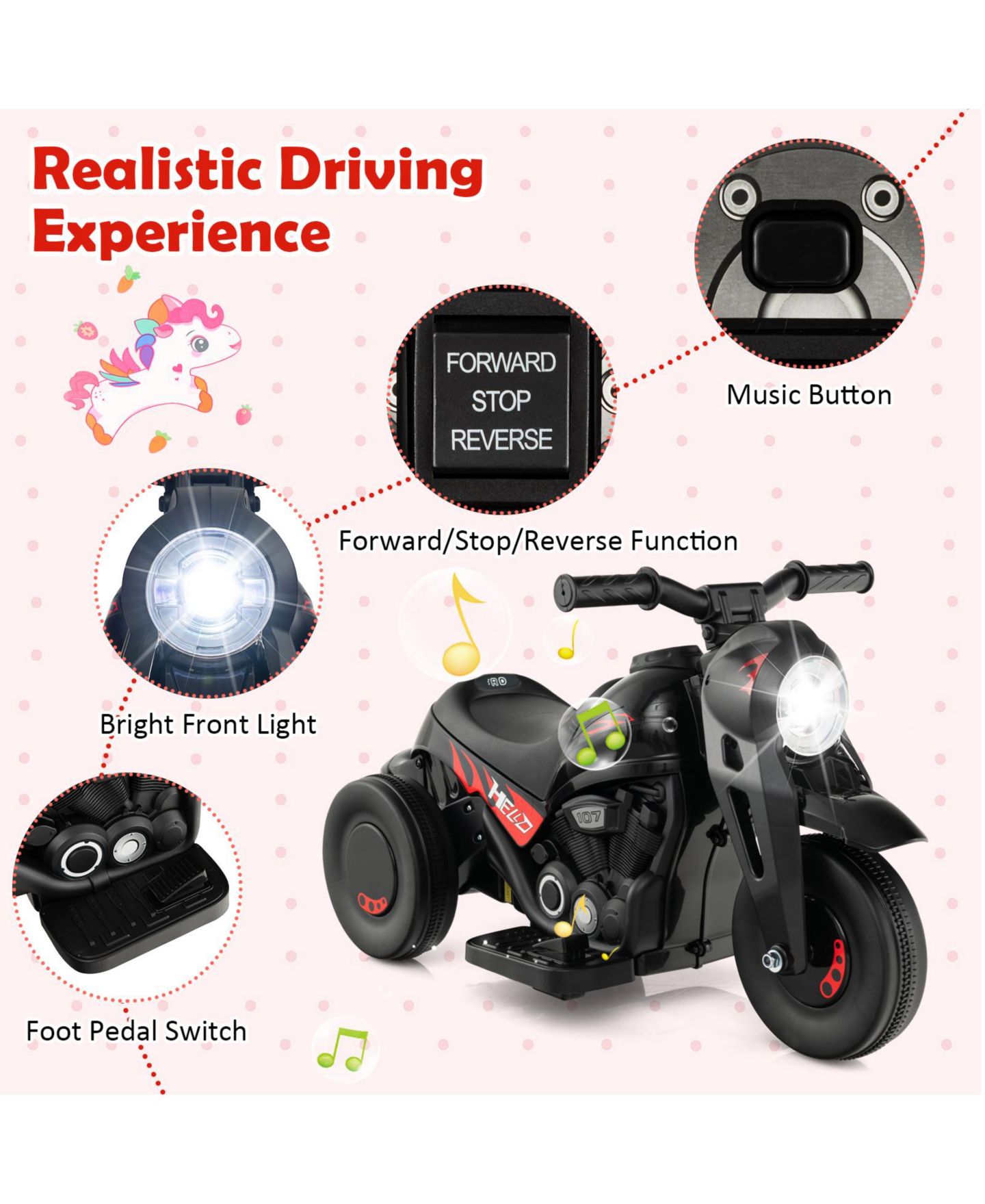 Детская игрушка Mecale 6V Bubble Maker Music Electric Ride-On Motorcycle, 32"L x 14"W x 17"H, Ages 2+, цвет: Чёрный — фото 7