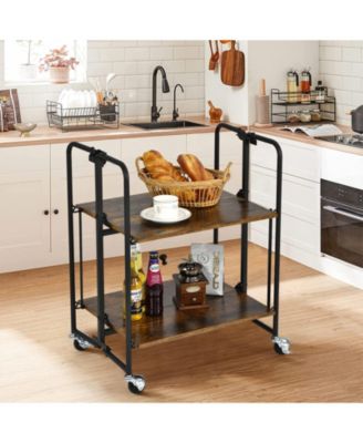 Folding Kitchen Utility Serving Island Cart with Storage Shelves