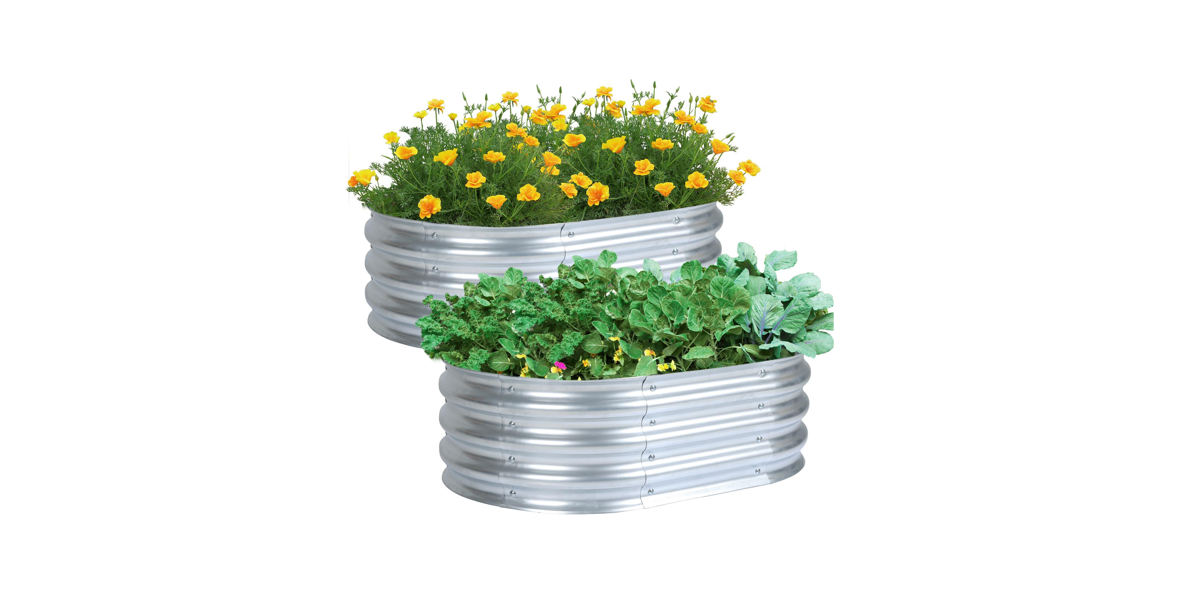 Aoodor 2Pcs Galvanized Raised Garden Bed Kit,35.34''(L) x 23.62''(W) x11.81''(H) Outdoor Garden Planter Oval Large Boxes for Vegetables, Flowers, Herb