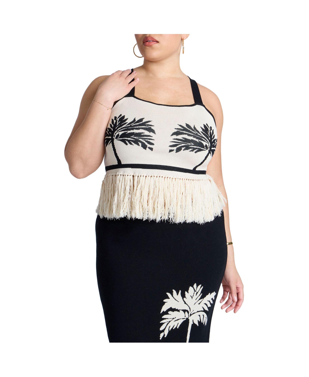 Plus Size Fringe Crop Top - Black white trio palm