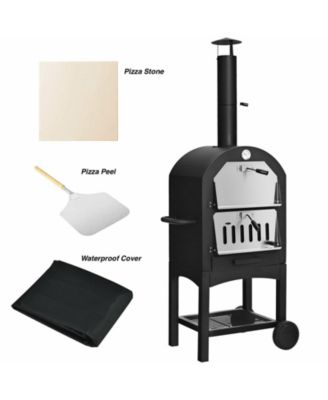 Rolling Outdoor Pizza Oven Wood Fire Pizza Maker With Pizza Peel Pizza Stone Waterproof Cover Wood Storage Shelf Ash Collection Drawer Thermometer Heat-Resistant Handle Perfect For Outdoor Activities
