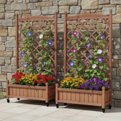 Raised Garden Bed with Trellis 2 Pack Outdoor Wooden Planter Box Plant Stand with Climbing Racks Natural Wood