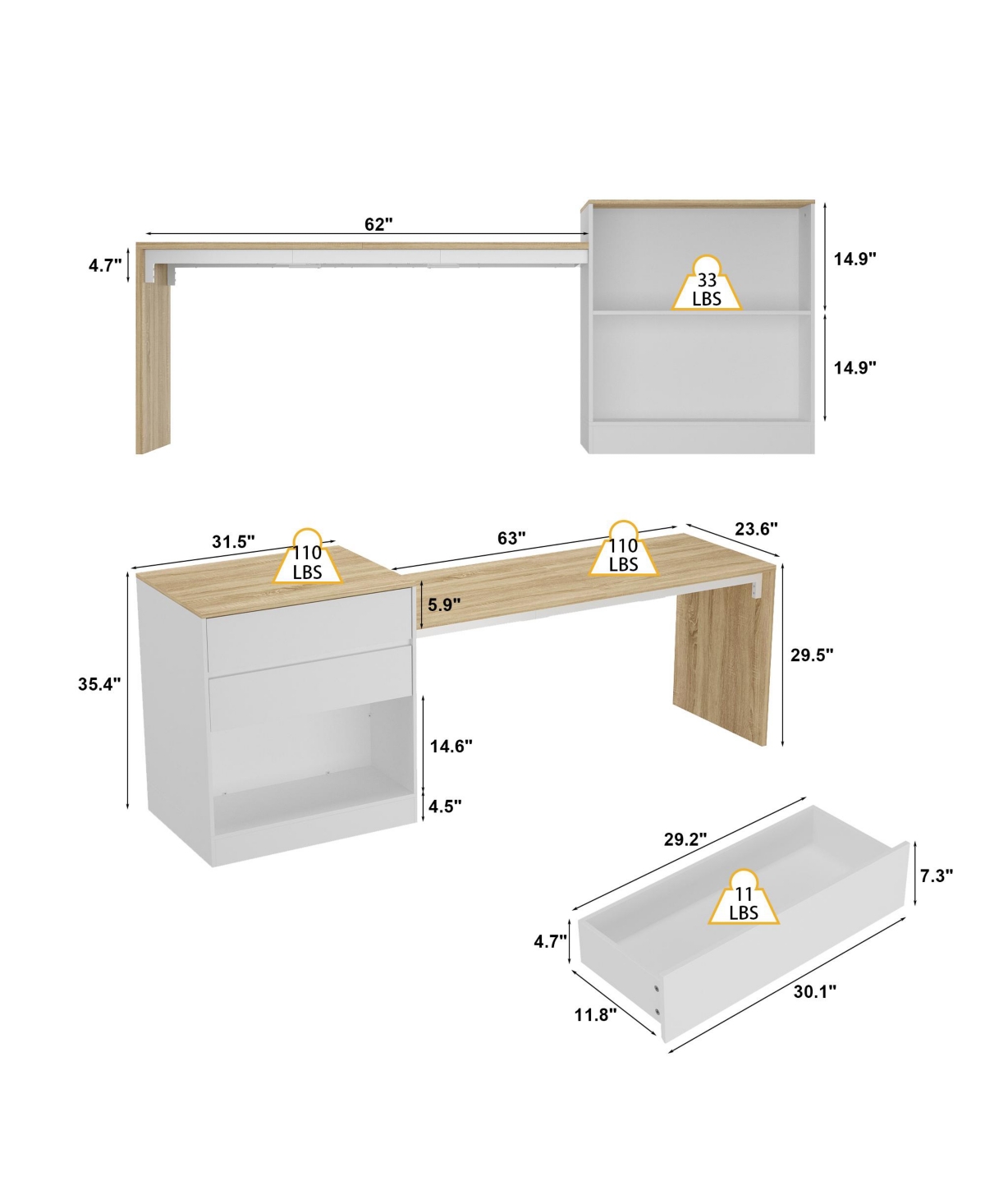 Kitchen island with 2 drawers, kitchen island storage table with dining table, coffee station and microwave rack for home, dining room, wood grain col