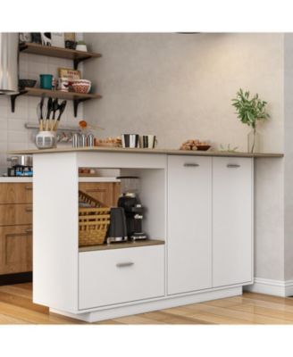 kitchen island with 2 doors, 1 drawer, dining table, coffee station & microwave rack—white wooden design for home or dining room.