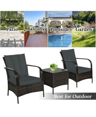 3 PCS Patio Wicker Rattan Furniture Set Coffee Table & 2 Rattan Chair