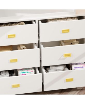 Changing table with six drawers, baby changing station with changing table top and drawers, white wood