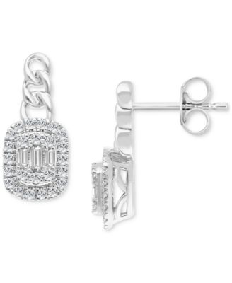 Diamond Round & Baguette Halo Cluster Drop Earrings (1/3 ct. t.w.) in 14k White Gold