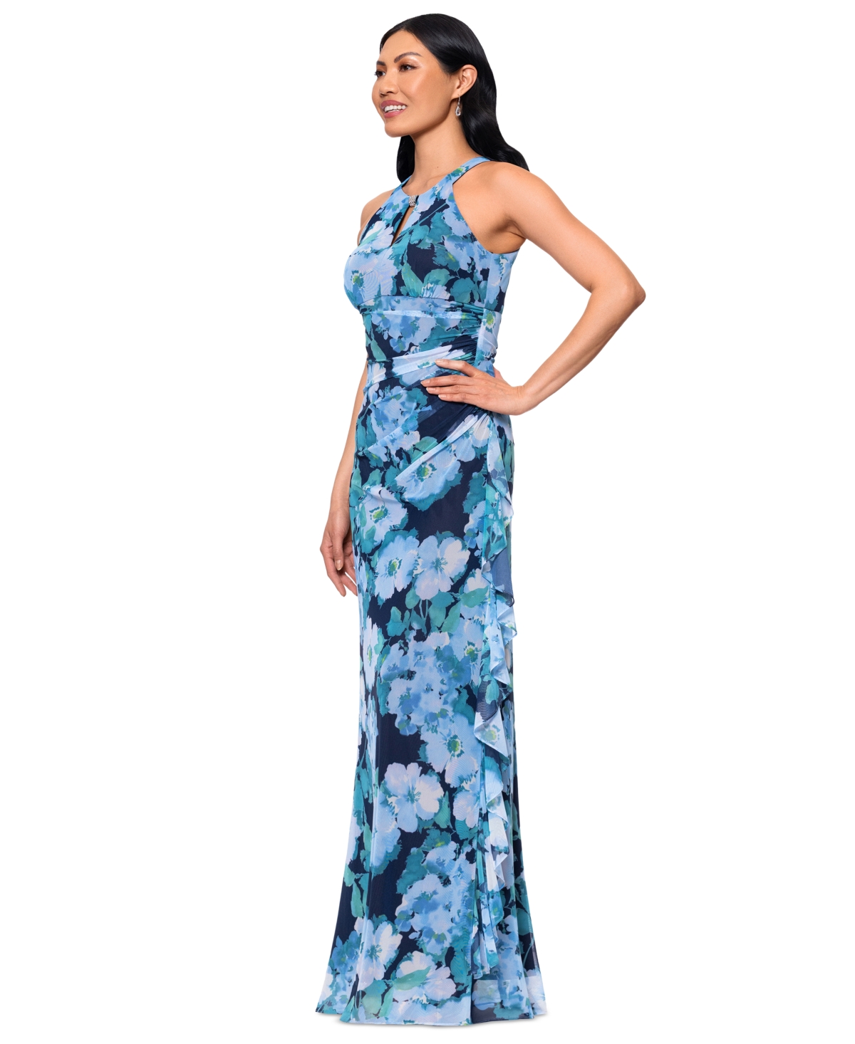 BETSY & ADAM BETSY & ADAM WOMEN'S PRINTED MESH HALTER-NECK SLEEVELESS GOWN 