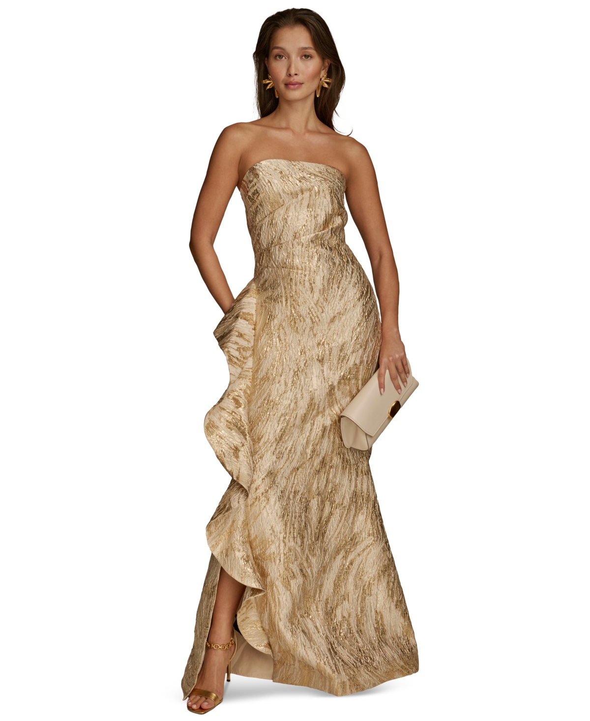 Women's Metallic Ruffled Strapless Gown - Champagne Multi