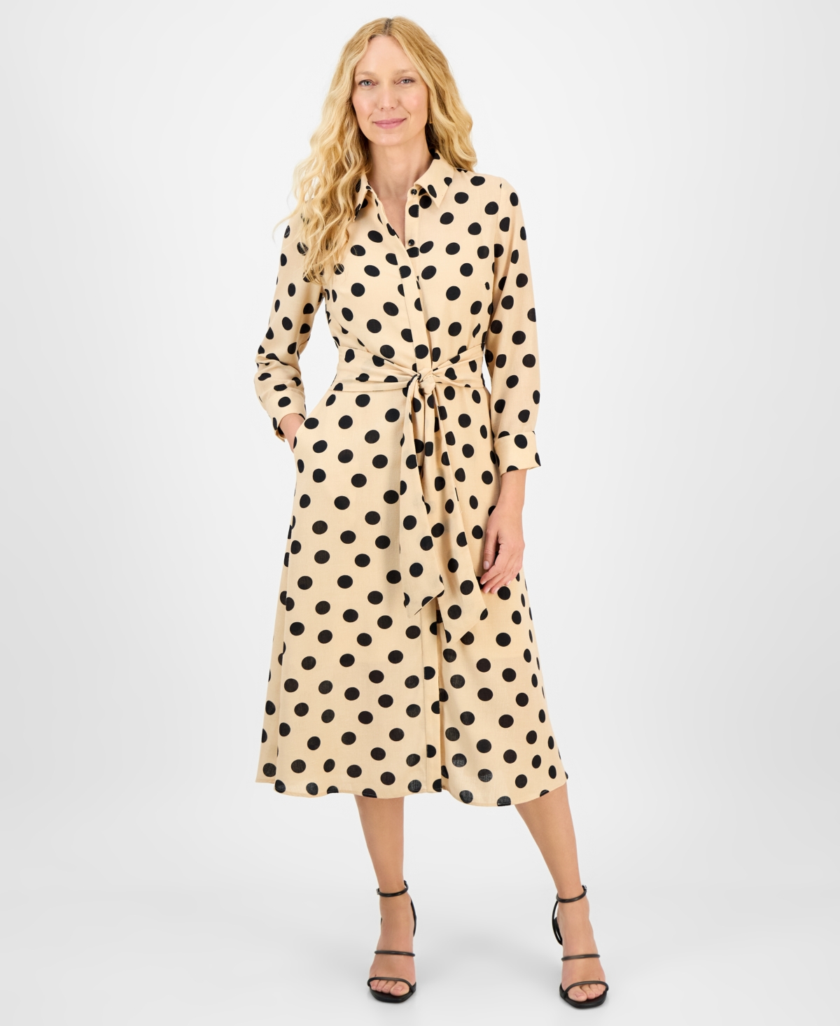 Women's Dot-Print Tie-Waist Shirtdress - Tan/blk
