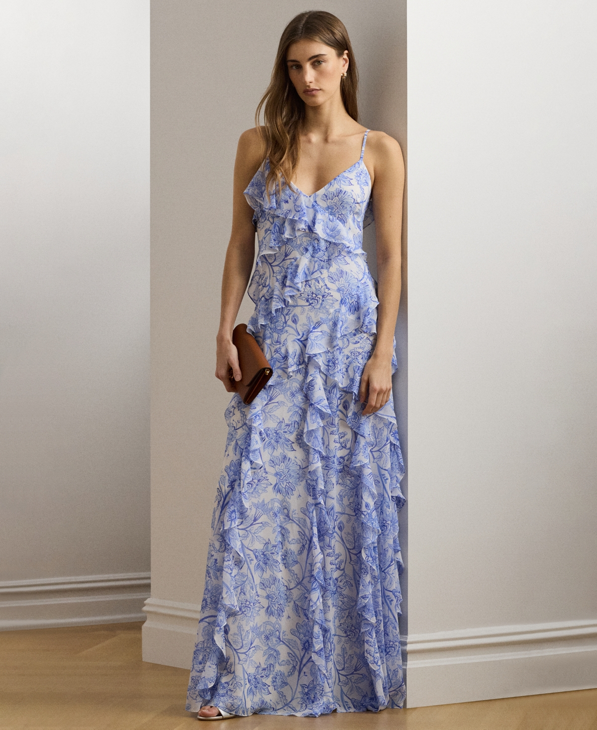 Ralph Lauren Floral Ruffle-trim Georgette Gown In Blue