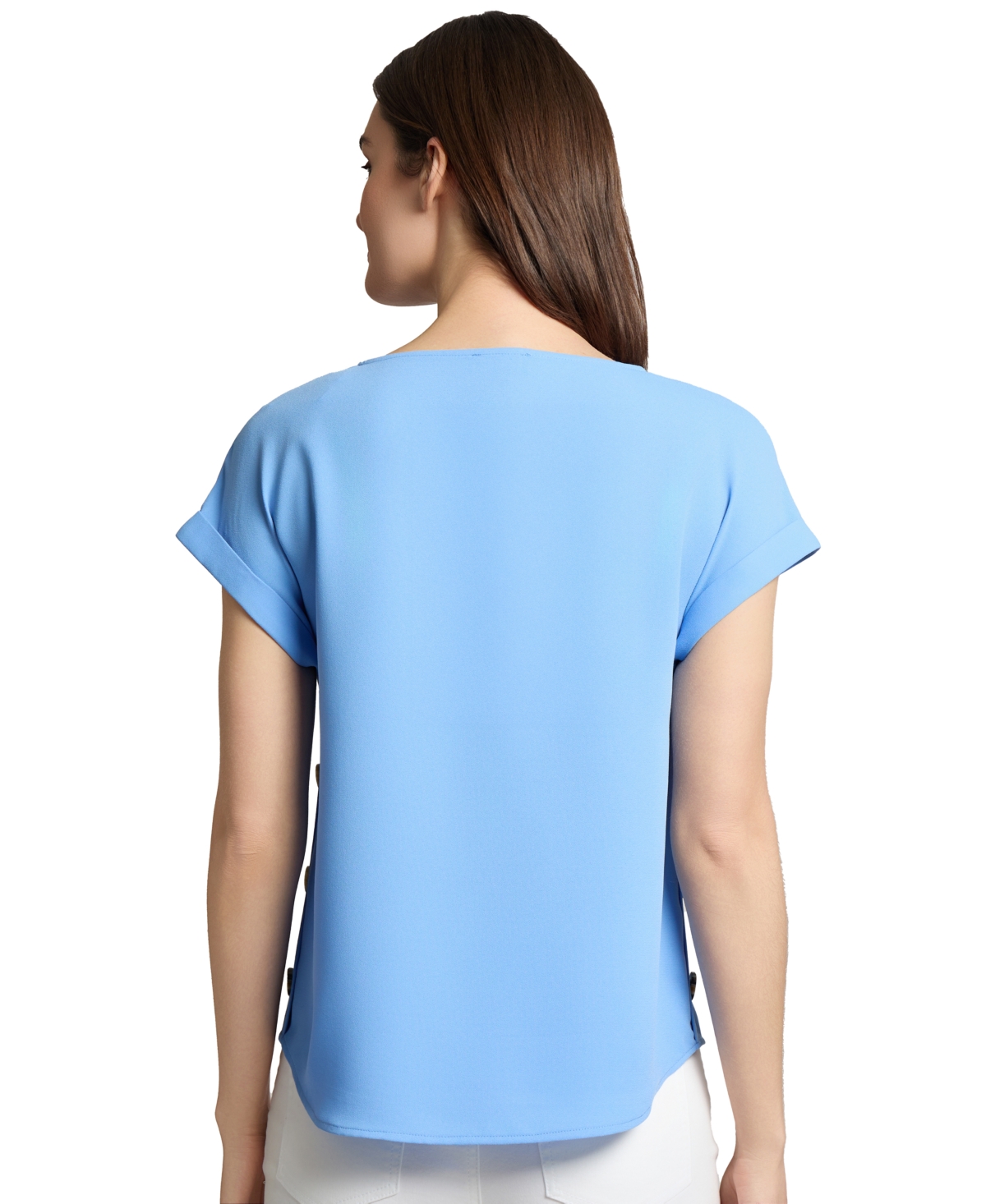 Jones New York Petite Round-neck Side-button Short-sleeve Top In Blue