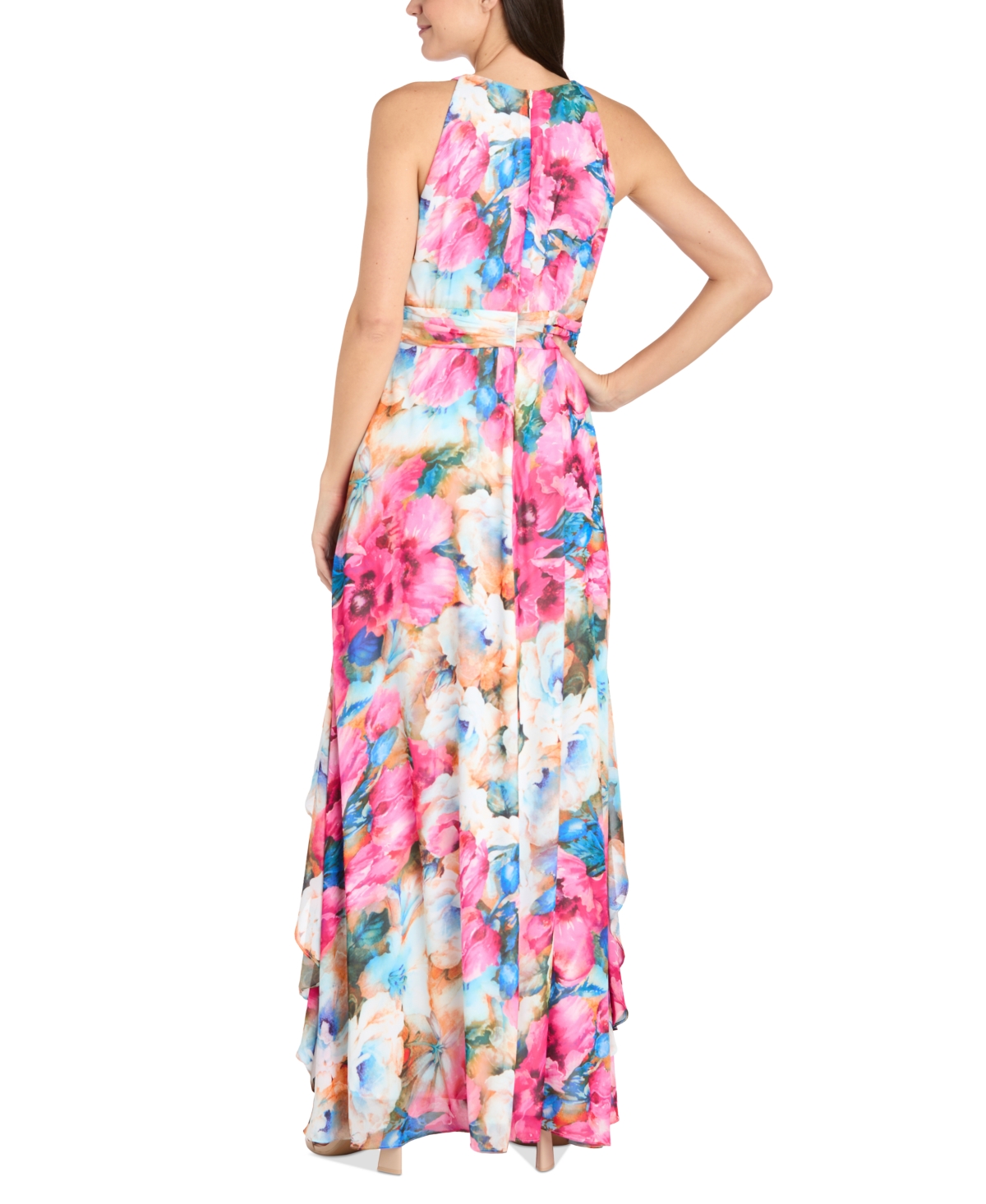 R & M Richards Petite Floral Halter Ruched-waist Gown In Multi