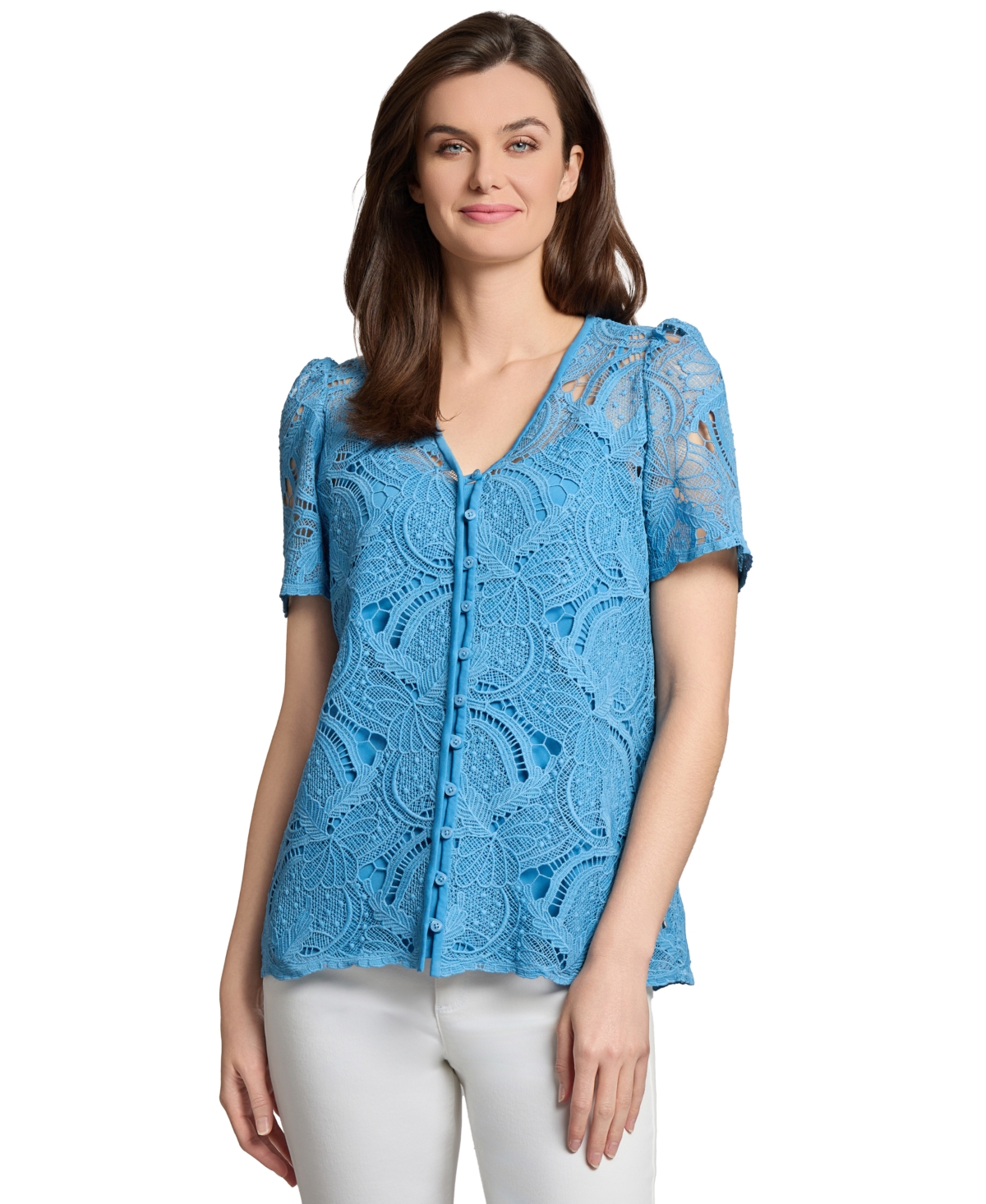 Jones New York Open Stitch Knit Button-up Shirt In Blue