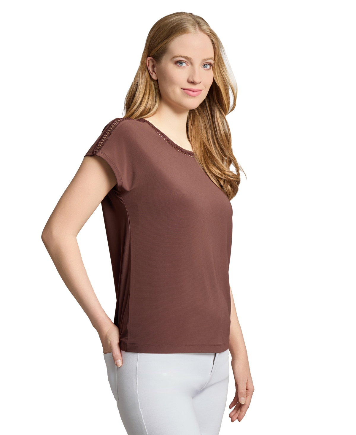 Jones New York Trim Detail Stretch Top In Brown