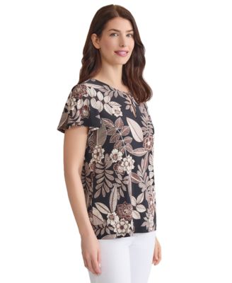 Women's Printed Embellished-Neck Flutter-Sleeve Top