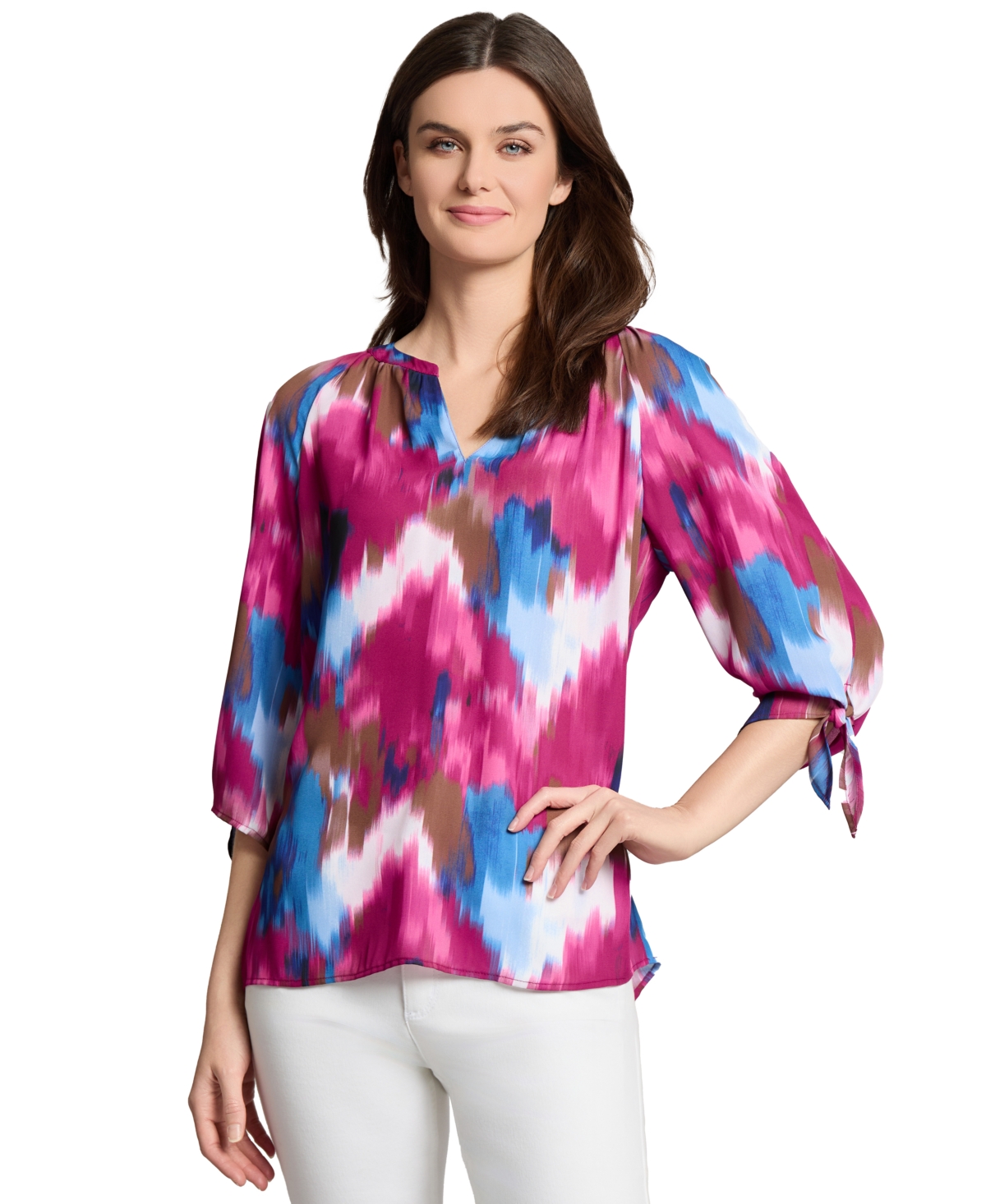 Jones New York Women's Split-Neck Watercolor-Print Top - Bright Orchid Multi