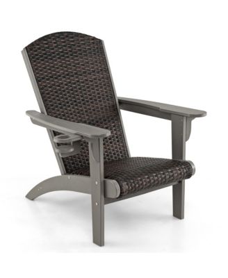 Set of 2 Adirondack Chair w/ Rattan Padded Seat and Back Wide Hidden Cupholder Patio