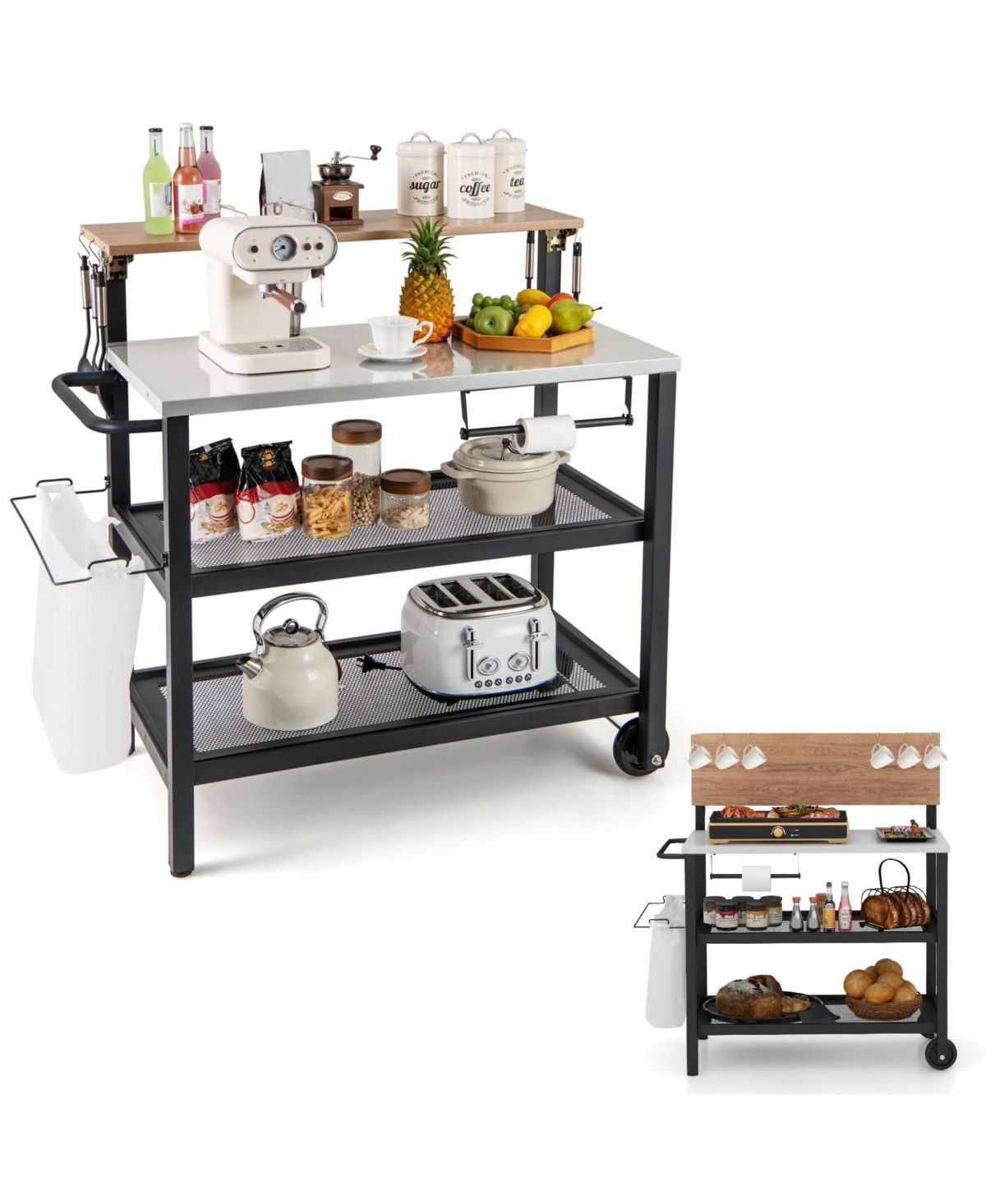 Rolling Bar Cart with Flip-up Table and Hooks for Kitchen - Black