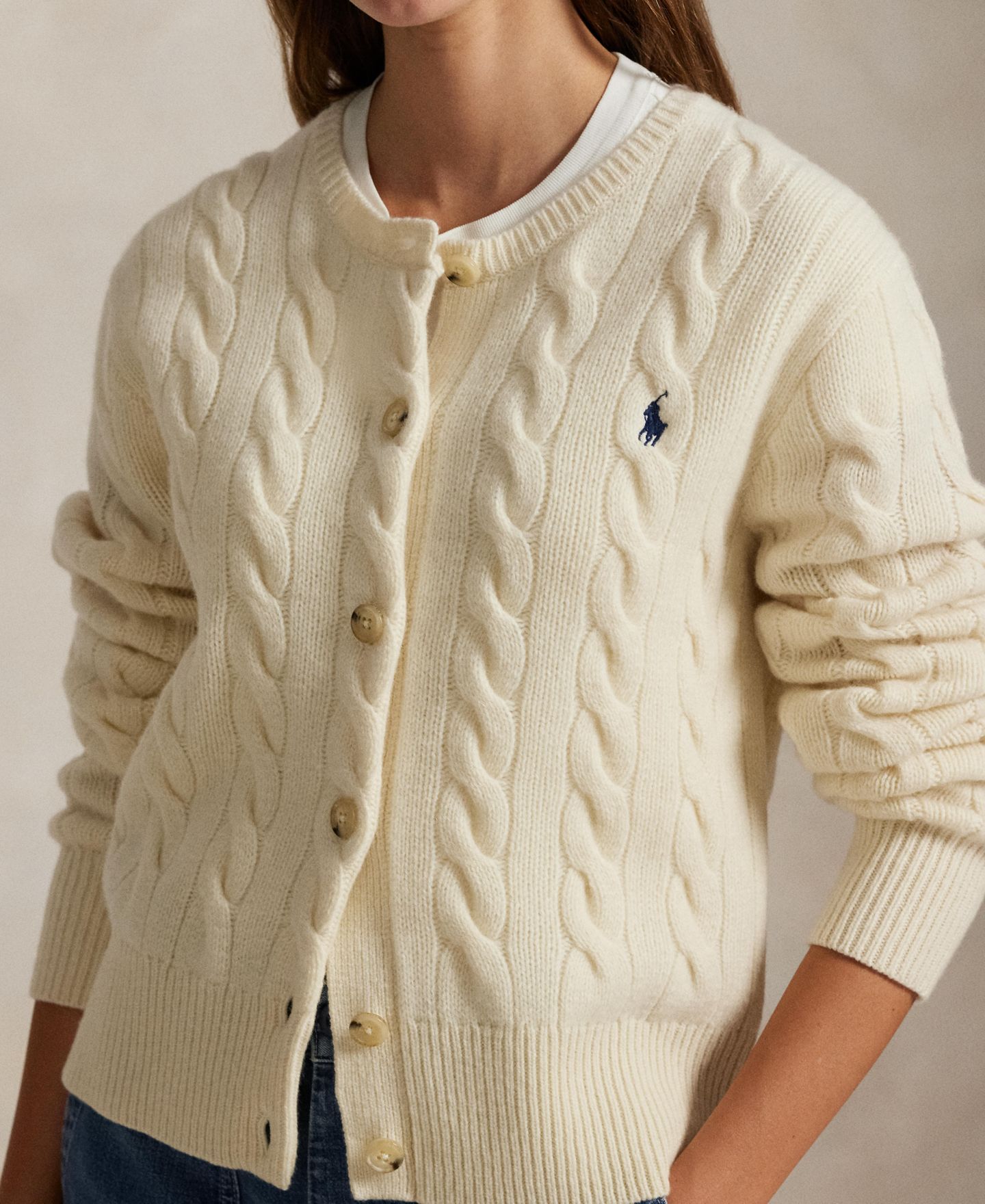 Женский кардиган Polo Ralph Lauren Cable-Knit Wool-Cashmere Cardigan, цвет: Кремовый — фото 4