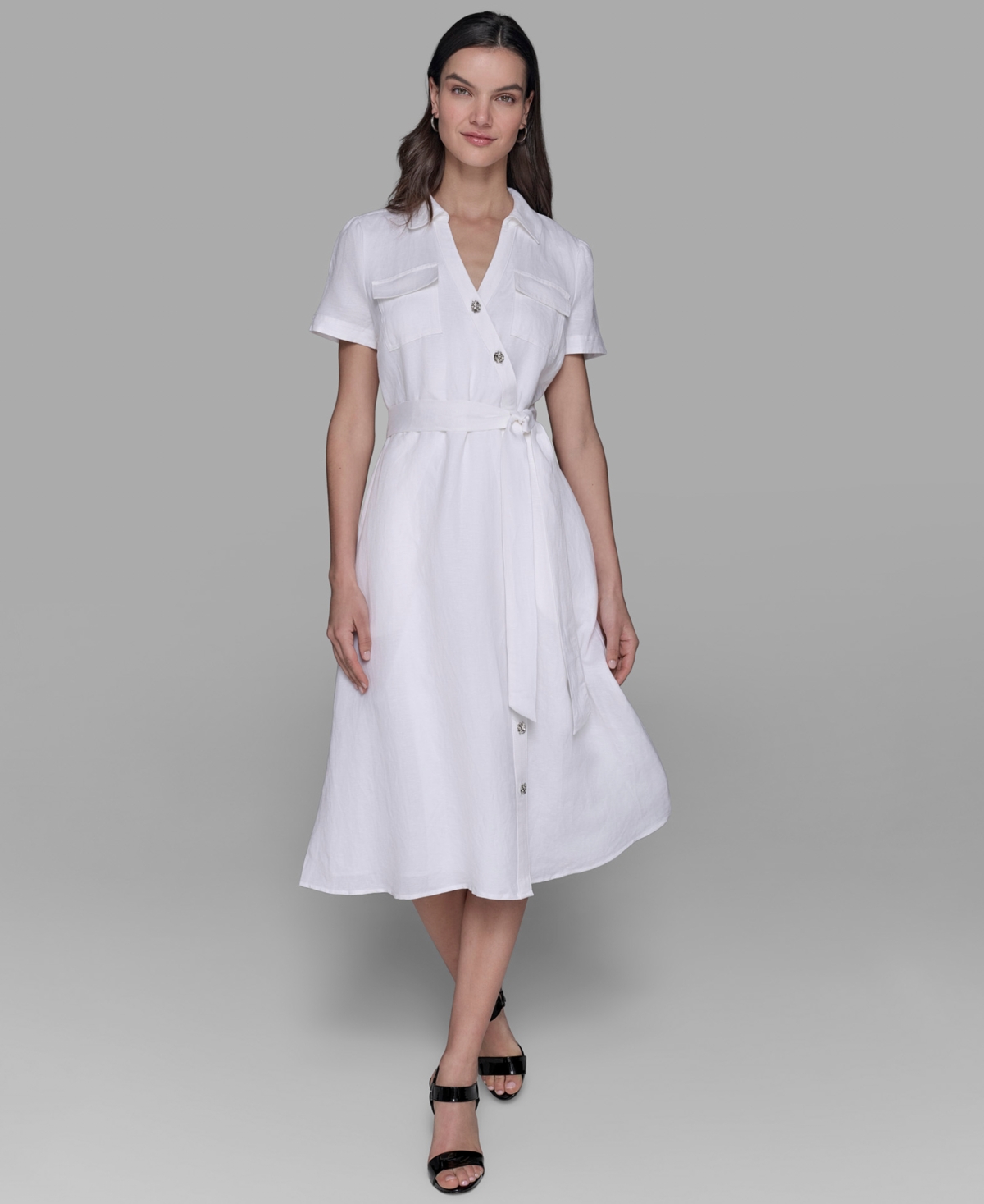 Petite Novelty-Button Tie-Waist Midi Shirtdress - Soft White