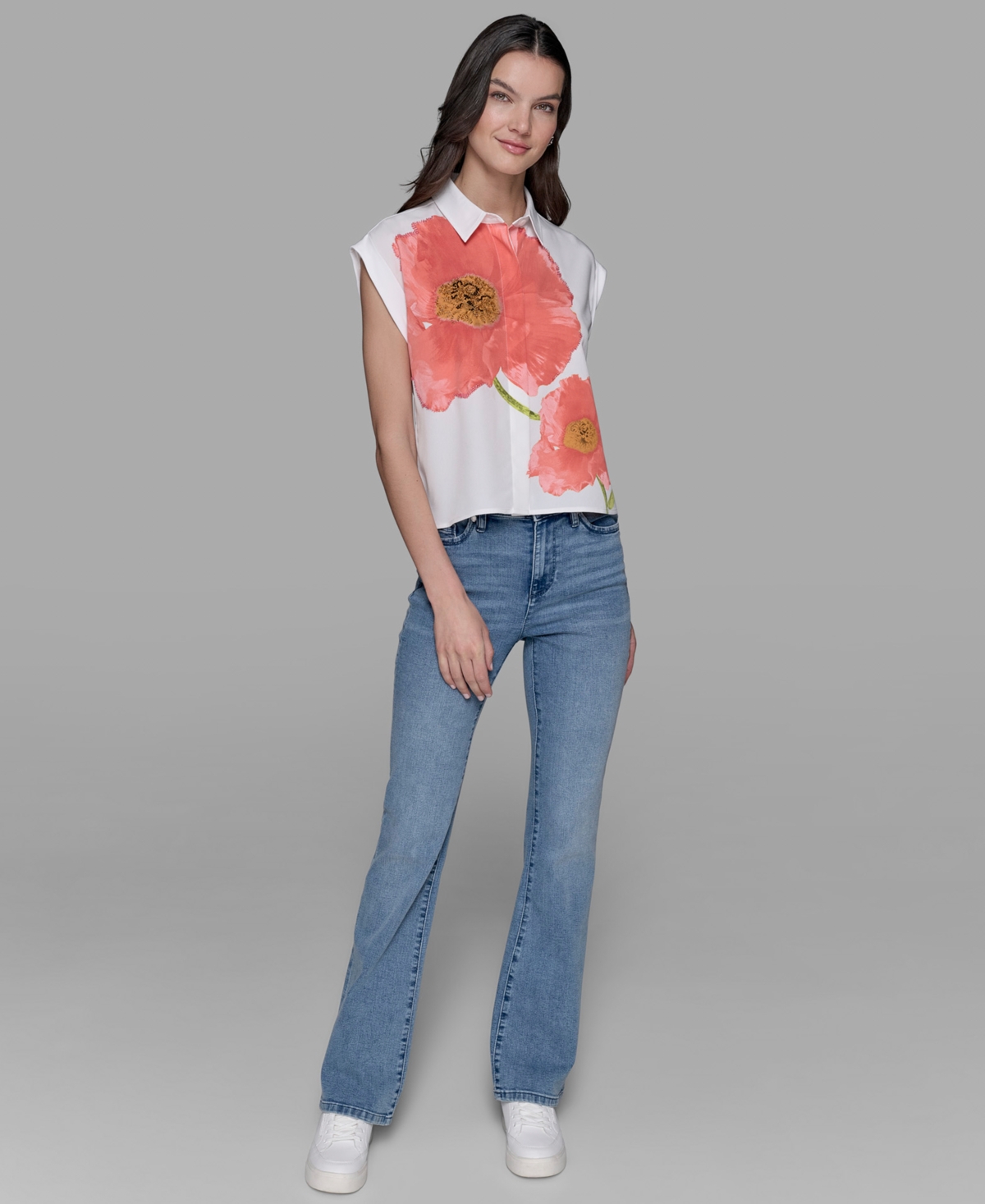Karl Lagerfeld Petite Big Flower Print Button-front Blouse In White