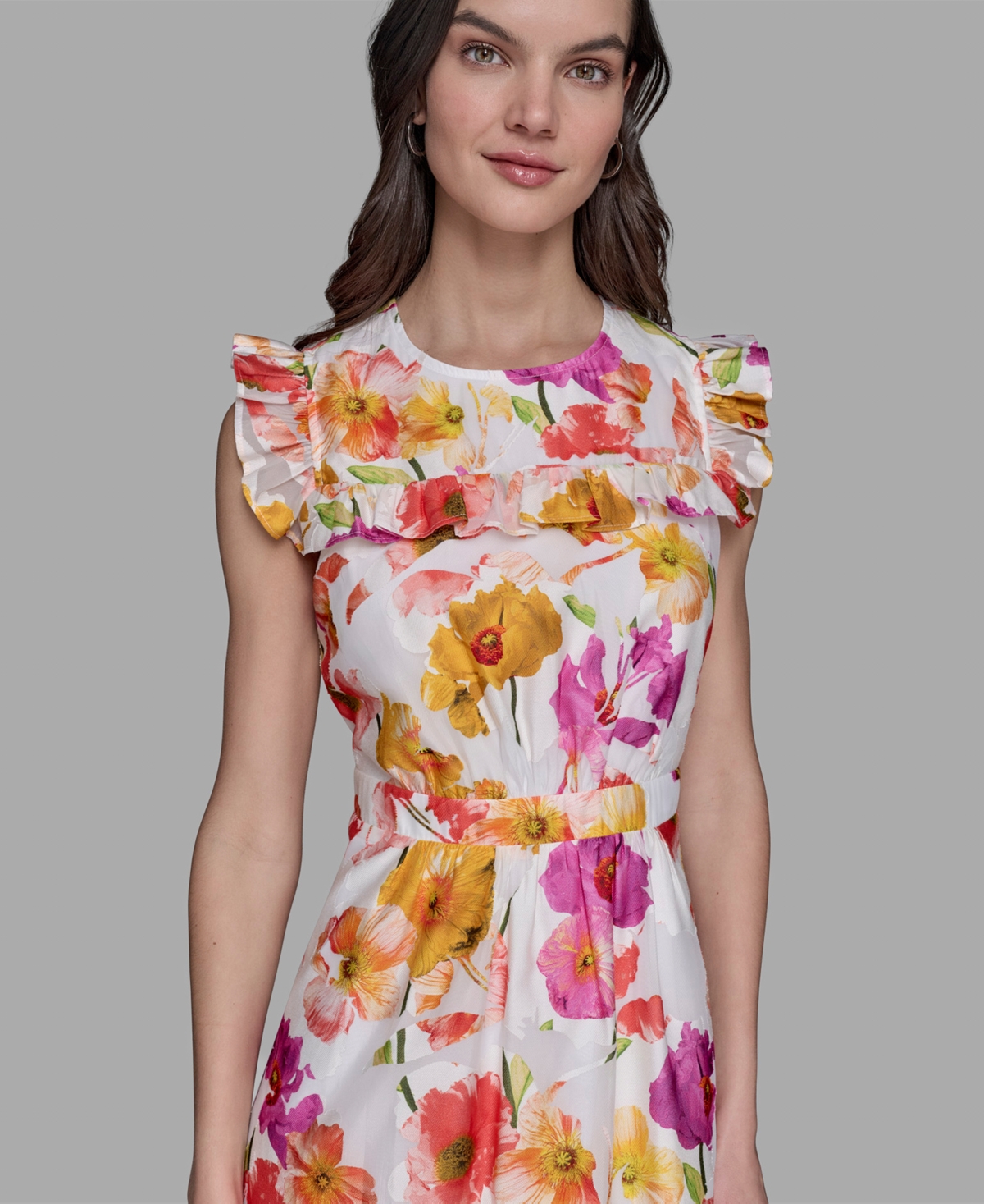 Karl Lagerfeld Petite Floral-print Flutter-sleeve Midi Dress In Burgundy