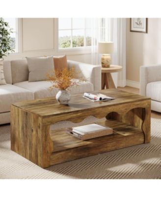 47.24-Inch Farmhouse Coffee Tables, 2-Tier Wooden Rectangular Accent Center Low Cocktail Tea Table with Open Storage Shelf, Rustic Brown