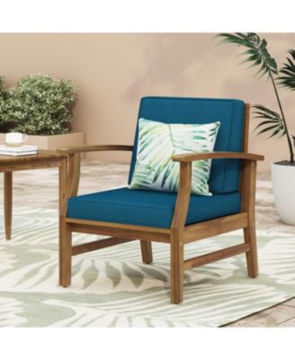 Acacia Wood Outdoor Lounge Chair with Blue Cushions