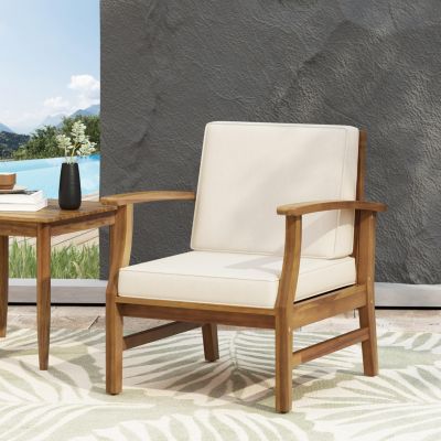 Acacia Wood Outdoor Lounge Chair with Cream White Cushion, Slat Panel Design Frame and Water-Resistant Cushion